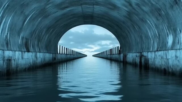 Ethereal waterway perspective within a monolithic structure toward distant horizon