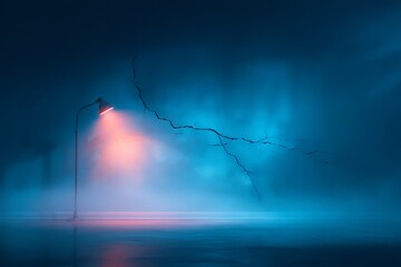 Streetlamp Illuminated During Stormy Night with Blue Sky and Lightning