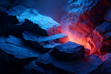 Colorful Rocky Cave Scene with Blue and Red Lighting for Artistic or Commercial Use