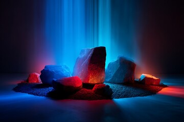 Colorful Illuminated Rocks in Dark Environment with Blue and Red Lighting