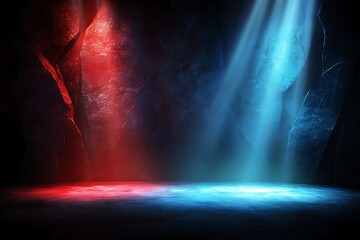 Vivid Red and Blue Light Beams Illuminating Cave Interior with Rocky Walls