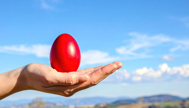 Red Easter Egg in Hand Against Blue Sky