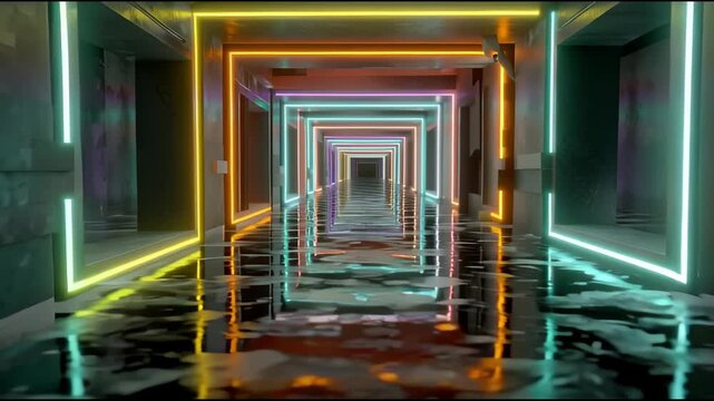 Futuristic glowing tunnel with multicolored neon frames reflecting on shiny wet floor creating immersive symmetrical digital sci fi atmosphere