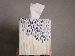 Hand holding stylish tissue box with blue and purple pattern