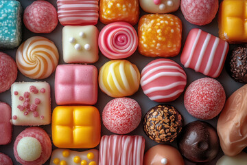 Colorful candies assorted sweet treats arranged neatly with vibrant textures pastel tones close up background festive mood food photography design use