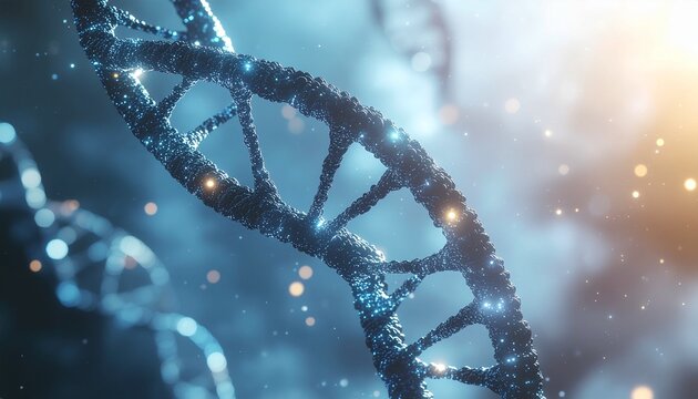 Abstract glowing DNA helix made of neural data lines, floating in soft fog background, symbolizing AI intelligence evolution