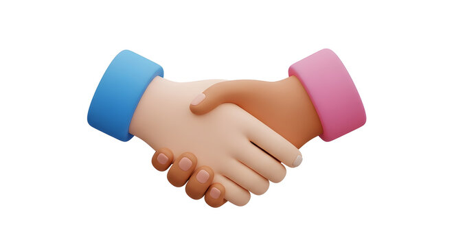 Diverse cartoon hands sealing a deal in partnership symbolising unity and success on white backdrop