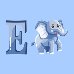 Blue letter E paired with a friendly elephant, perfect for alphabet learning posters and animal-themed visuals.