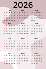 2026 calendar with peach nude background. Minimalist and modern calendar for the year 2026, featuring clean typography and elegant layout design. Perfect for planners, schedules, organization tools