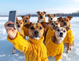 Group of dogs in yellow sweaters taking a selfie outdoors