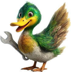 Duck holding a wrench cartoon character isolated on transparent background
