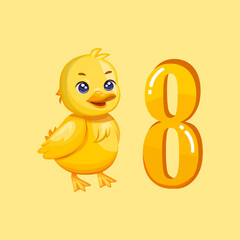 Yellow number eight with an adorable duckling, ideal for animal learning posters and early education visuals.