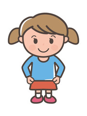 手を腰に当てて立つ女の子の全身イラスト