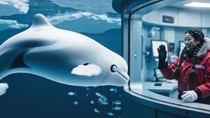 Beluga Whale Interacting with a Scientist in an Underwater Research Facility.