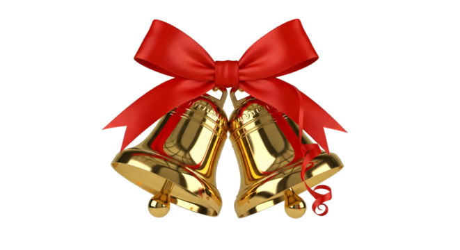 Two golden bells tied together with a red ribbon on a transparent background christmas holiday decoration png