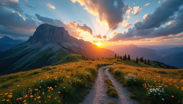 Dirt path winds through grassy meadow dotted with yellow flowers. Massive mountain looms under warm sunset sky with dramatic clouds. Sunbeams pierce through atmospheric haze over distant hills.
