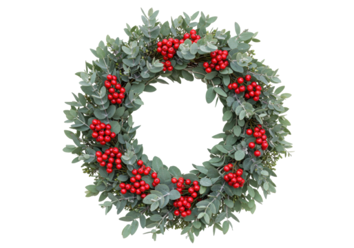 Isolated Christmas wreath made of eucalyptus leaves with red berries for holiday decorating