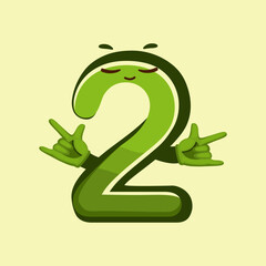 Cute green number two cartoon character with calm and relaxed expression, perfect for educational posters, fun learning visuals, and cheerful design elements.