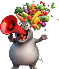 Hippo megaphone advertising healthy food assortment isolated on transparent background