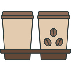 Two brown paper coffee cups with lids and coffee beans design on one cup held by a dark brown cardboard tray isolated on a transparent background