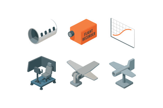 isometric icon items isolated on white background flight fuselage section flight recorder unit flight lift coefficient chart flight simulator rig flight aileron hinge flight wind tunnel