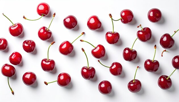 Overhead Flat Lay of Fresh Dark Red Cherries with Green Stems on White Background Minimalist Fruit Still Life Pattern