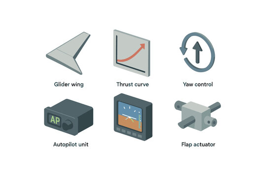 isometric icon items isolated on white background flight glider wing flight thrust curve flight control flight autopilot unit flight cockpit display flight flap actuator