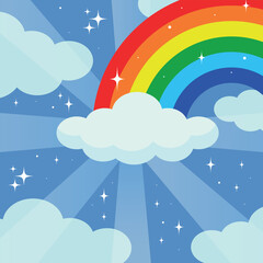 Cute kawaii  Children's Rainbow Sky Stars Vector Illustration