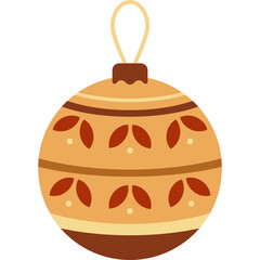 Festive Golden Christmas Ornament with Red Leaf Pattern and Beige Stripes on a Light Beige Background with Decorative Hanger