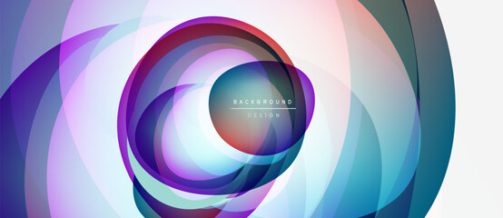 Abstract layers create dynamic circular composition. Vibrant colors blend, forming fluid, modern design. Minimalist text adds subtle detail.