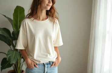 Young woman in an ivory t shirt mock up stands indoors. She wears a blank oversized tee with jeans. Interior with houseplant and natural lighting. Casual style clothing.