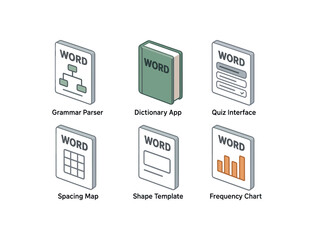 isometric icon items isolated on white background word grammar parser word dictionary app word quiz interface word spacing map word shape template word frequency chart