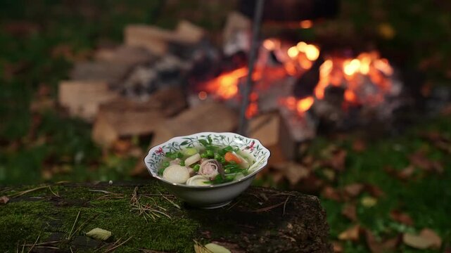A traditional bowl of hot homemade soup sits on mossy wood near a blazing outdoor fire, evoking warmth, simplicity, and countryside living. (4K)