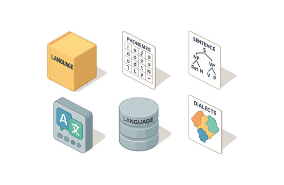 isometric icon items isolated on white background language grammar guide language phoneme chart language syntax tree language translator module language corpus database language dialect map