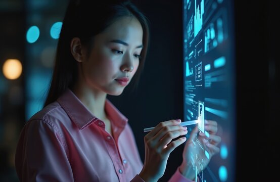 Woman uses digital screen with financial data diagrams. Asian manager works with touchscreen. Female analyzes business charts, checks market info in future interface. Girl touches diagram using