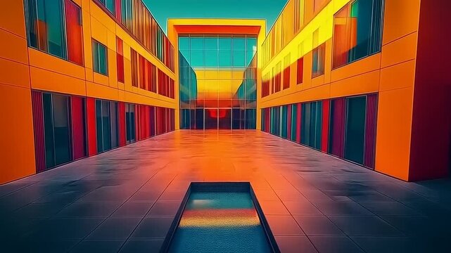 Contemporary architecture: facade of building with bright colorful windows, urban area
