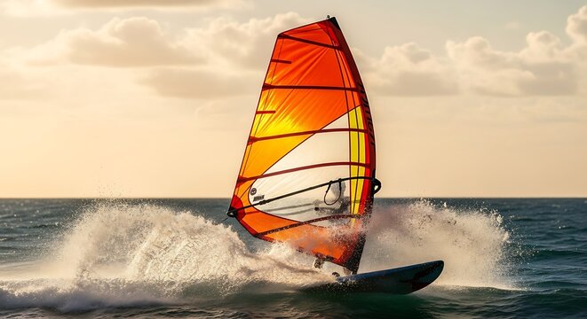 Powerful windsurfing action at sunset, with a skilled rider expertly navigating ocean waves, creating dramatic splashes against a vibrant, glowing sky and horizon - Powered by Adobe