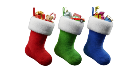 Three christmas stockings filled with gifts in red green and blue against a transparent background png