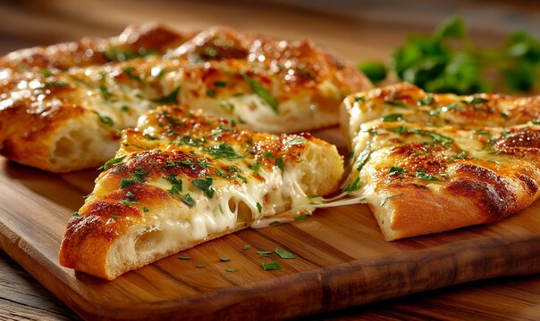Crusty cheesy garlic bread on wooden board