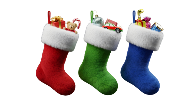 Three christmas stockings filled with gifts in red green and blue against a transparent background png