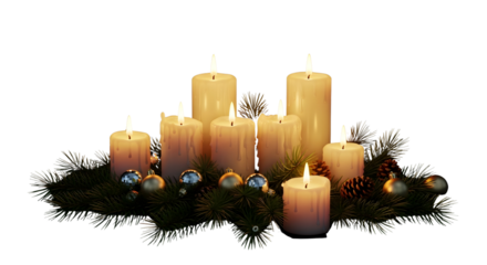 A group of lit candles surrounded by pine needles and christmas ornaments creating a festive display transparent background png 