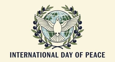Obraz premium Symbolic dove and globe graphic celebrating International Day of Peace with olive branches