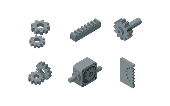 isometric icon items isolated on white background gear wheel set gear rack segment gear shaft pinion gear train assembly gear reducer unit gear module template
