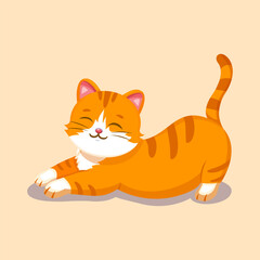 Cute orange cat stretching and relaxing, perfect for pet, rest, or playful cartoon vector illustration.