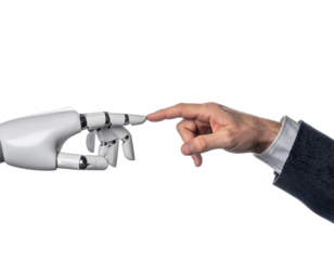 Side-view Studio Photo of Human and Robotic Hands Pointing at Each Other