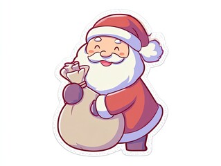 Santa Claus with Gift Bag Cartoon Sticker Vector, Red Hat and White Beard, Holiday Design.