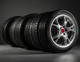 Group of four black tires, a metallic rim with a red center