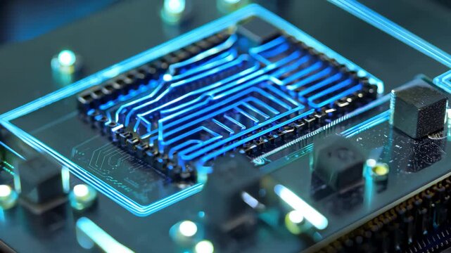 Futuristic Microchip with Glowing Circuitry Design for Technology Posters