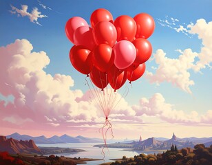 Group of floating red and pink balloons against a scenic landscape