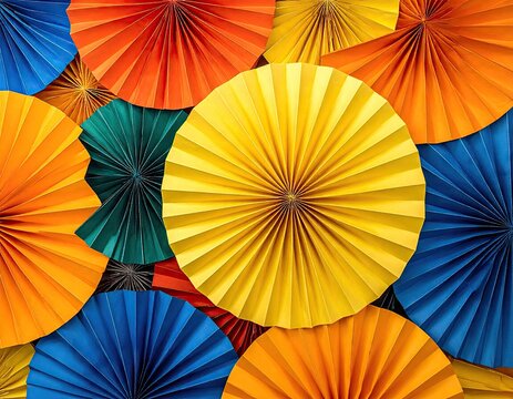 Overhead View of Blue Yellow Orange and Green Paper Rosettes for Celebration Decoration - Powered by Adobe
